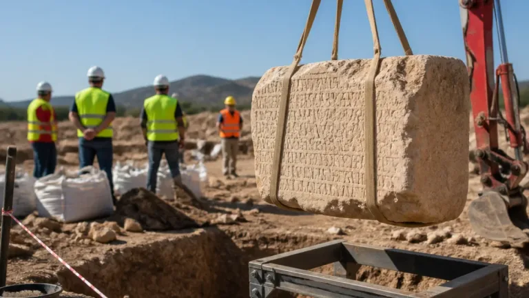 Extraen un bloque con una inscripción de casi cinco metros de los baños romanos de Fortuna